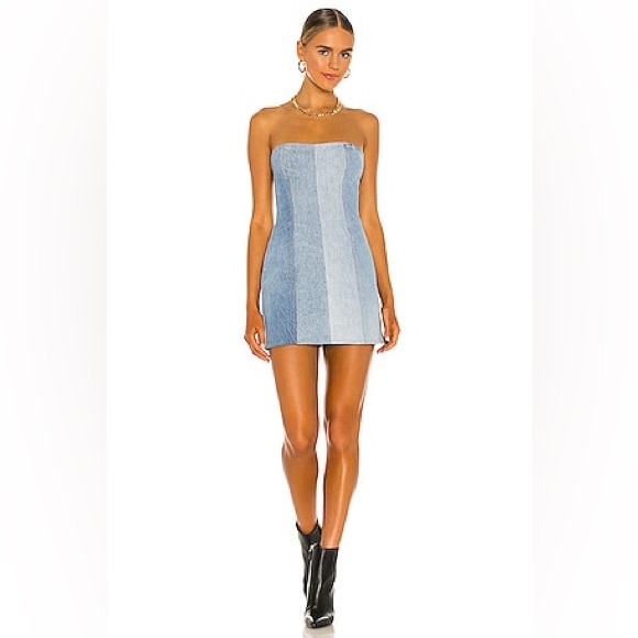 NWT $398 EB Denim Strapless denim mini dress patchwork Taylor swift blue corset - Picture 2 of 13